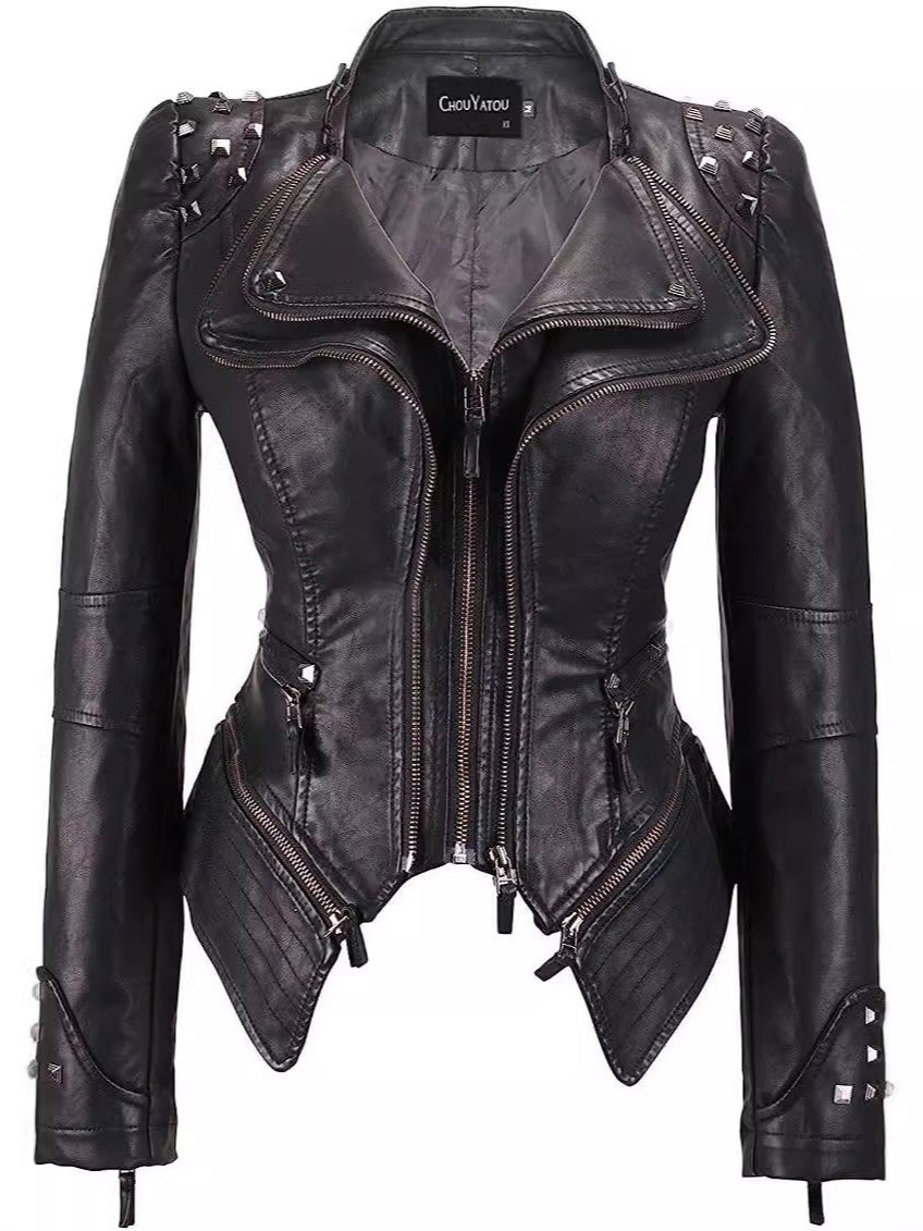 Embroidered Rivet Washed PU Leather Waist-fit Short Jacket Main image