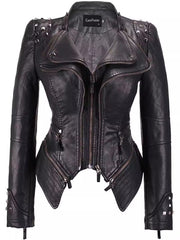 Embroidered Rivet Washed PU Leather Waist-fit Short Jacket