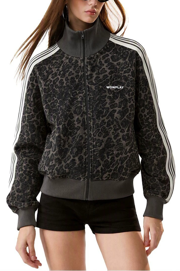 Leopard Print Stripe Sleeve Jackets