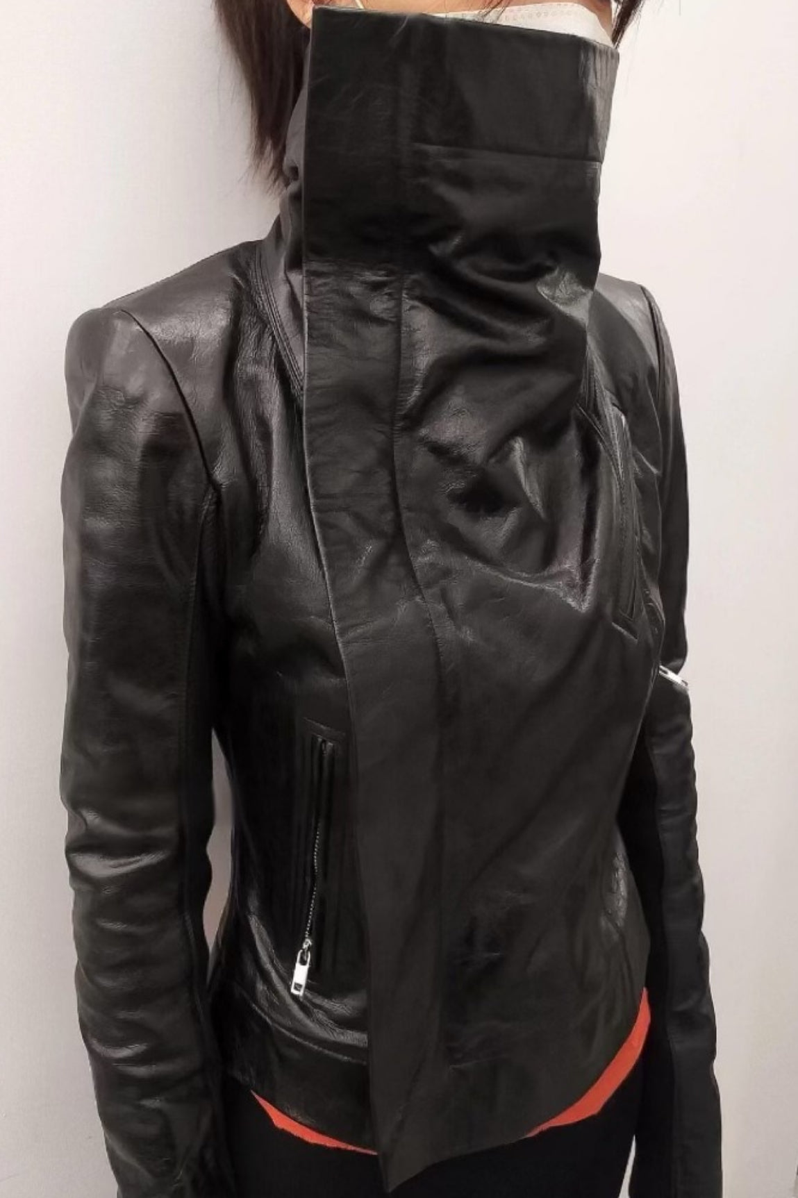 Deconstructed Lapel Waist-fit Short Leather Biker Jacket