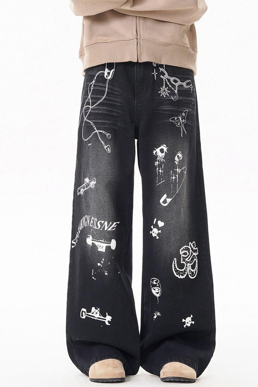 Graffiti Print Wide Leg Pants