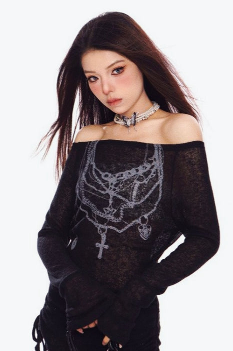 Y2K Off-Shoulder Mesh T-Shirt Main image