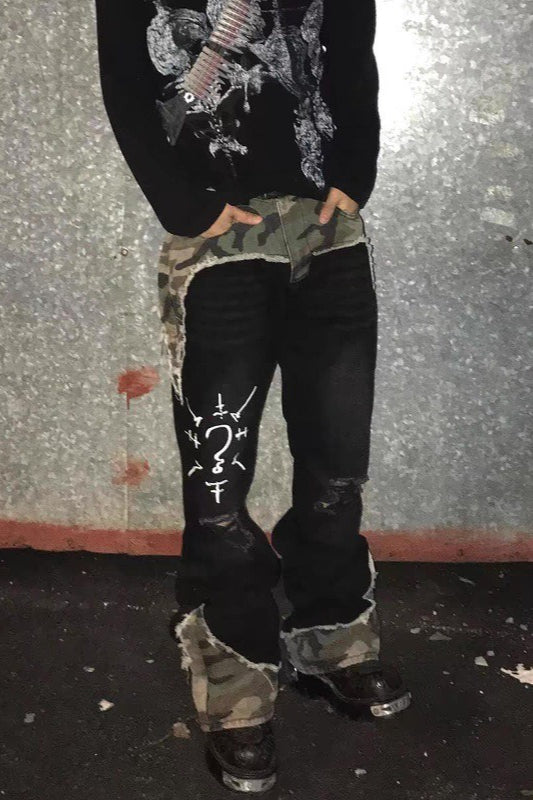 Camo Panel Distressed Flare Jeans