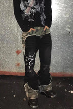 Camo Panel Distressed Flare Jeans
