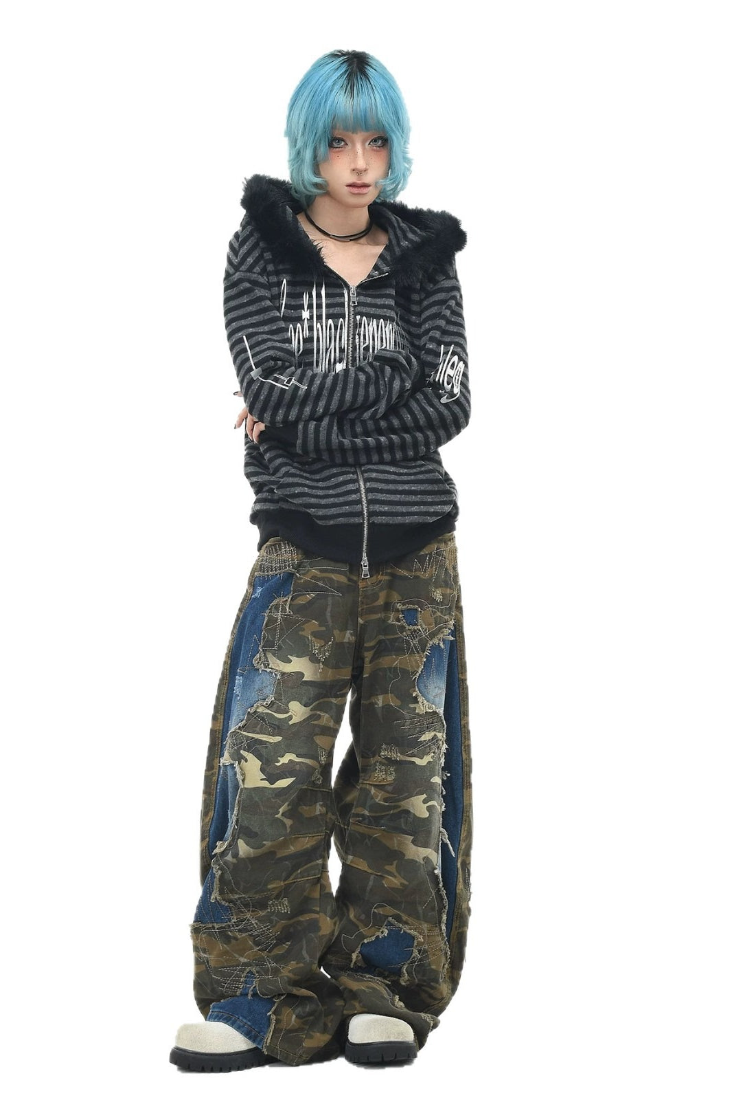 GothicPunkBlack and Grey Striped Cropped Hoodie