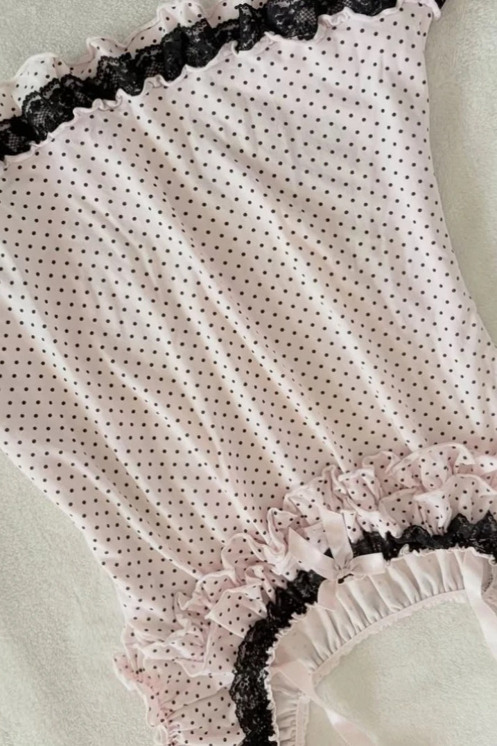 Polka Dot Bow Lace Tie Crew Neck Halter Top Secondary image