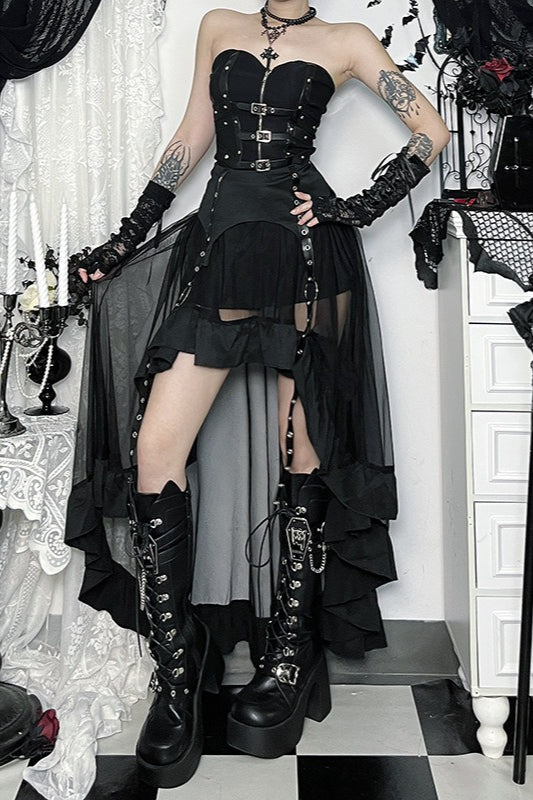 Black Gothic Asymmetric Mesh Maxi Skirt Secondary image