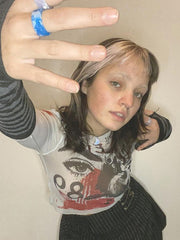 Gothic Punk Long Sleeve Printed Mesh Top