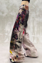 Retro Graffiti Print Denim Wide Leg Floor Pants
