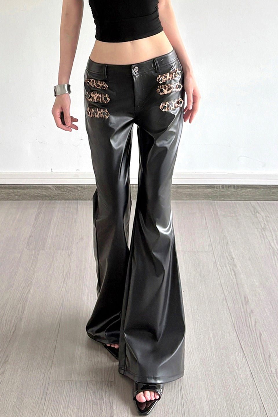 Leopard Strap Faux Leather Flare Pants
