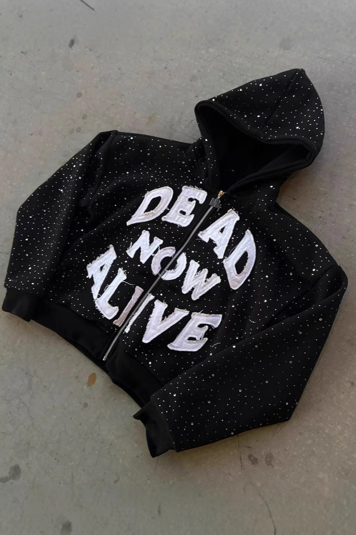 Bold Letter Studded Zip Hoodies