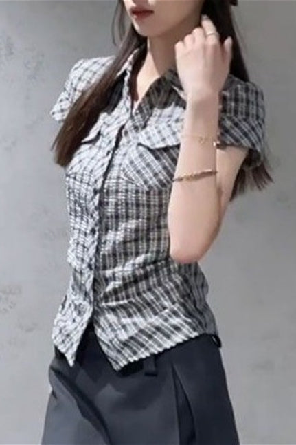 Slim Fit Plaid Short Sleeve Blouse Secondary image
