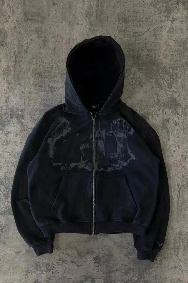 Washed Gothic Graphic Oversized Zip Hoodie Main image