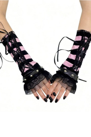Pink Striped Lace Up Gloves