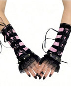 Pink Striped Lace Up Gloves
