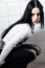 Gothic Print Slim Lace Patchwork Long Sleeve Mesh Top