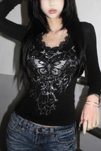 Butterfly Print Lace Neck Crop Tops