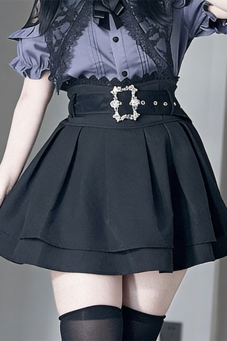 Lace Collar Puff Sleeve Skirt Sets