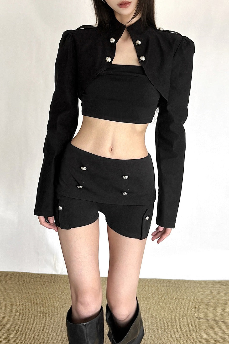Metal Button Cropped Shorts Sets