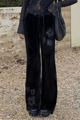 Star Studded Ribbed Trim Drawstring Velvet Pants