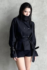 Unique Tie Waist Button Stand Collar Trench Coat