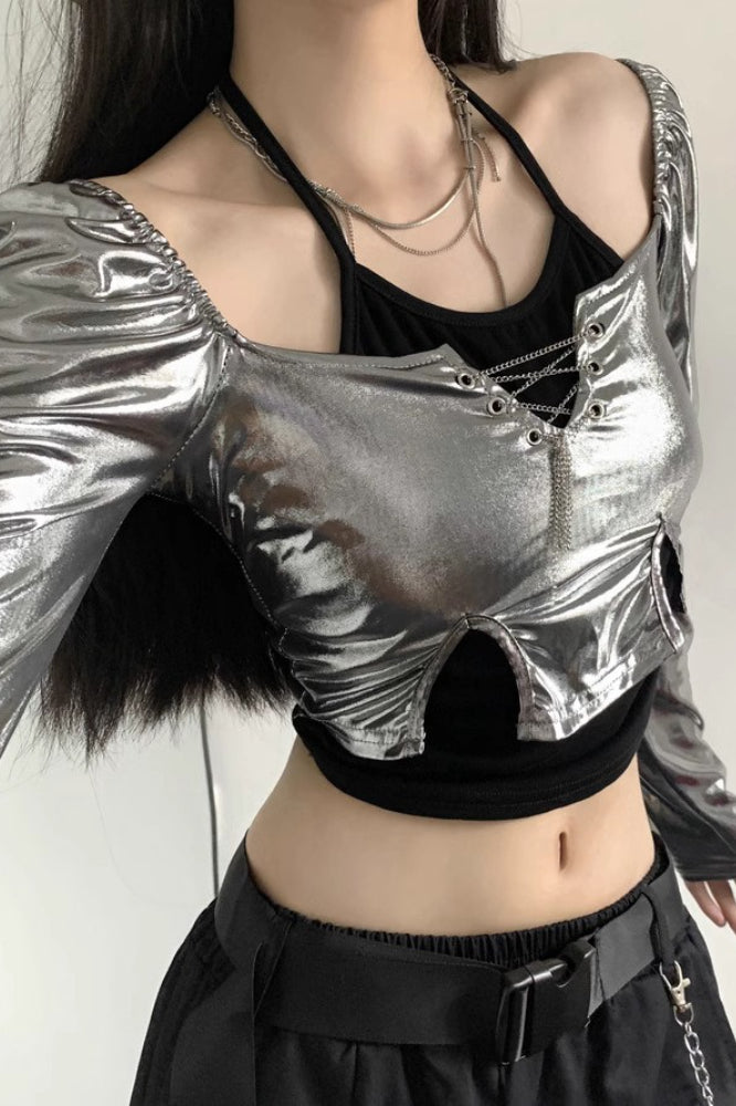 Futuristic Silver Long Sleeve Halter Crop Top