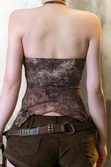 Retro Beaded Halter Asymmetrical Mesh Tank Top