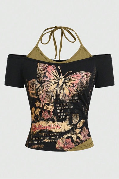 Y2K Retro Butterfly Print Halter T-Shirt Secondary image