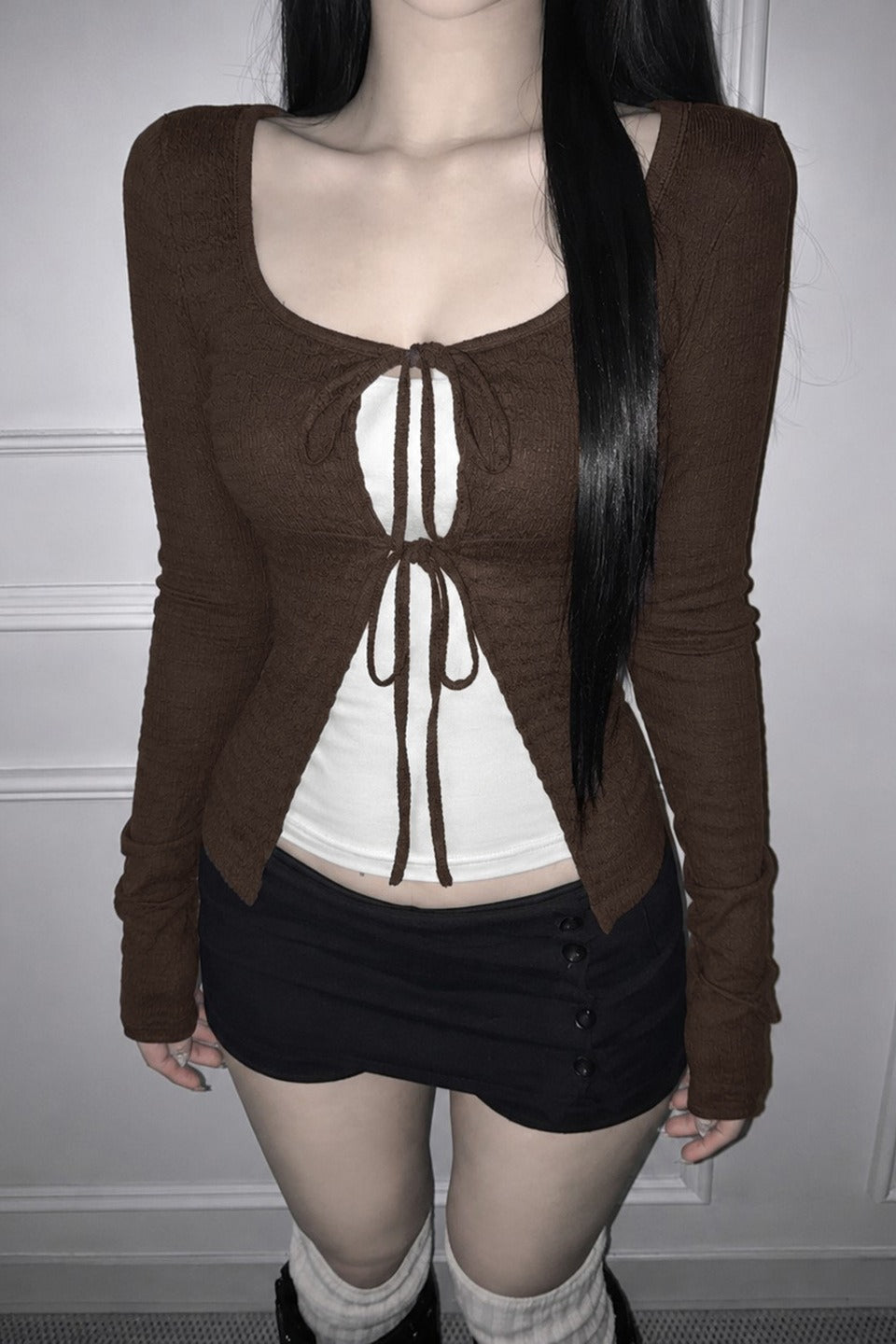 Contrast Panel Double Tie Cardigans
