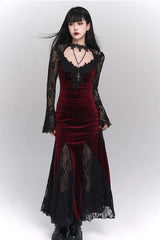 American Gothic Vintage Lace Patchwork Flare Sleeve Maxi Dress
