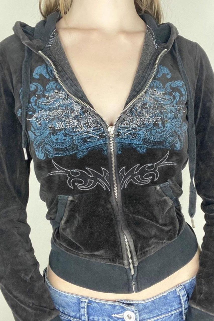 Rhinestone Print Zipper Hoodie Secondary image