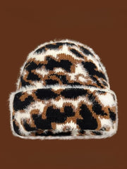 Y2K Leopard Print Plush Knitted Beanie Unisex Winter Travel Warm Versatile Hat