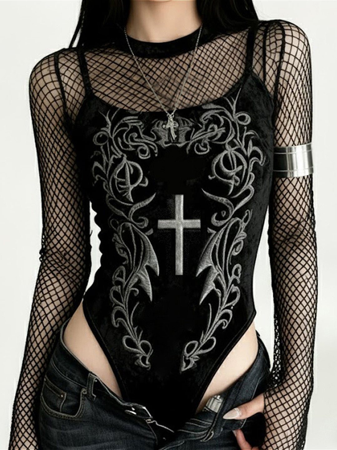 Dark Cyber Gothic Velvet Long Sleeve Mesh Top Main image