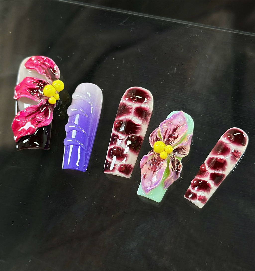 3D Flower Color Block Press On Nails