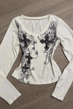 Vintage Gothic Letter Print V-Neck Loose T-shirt