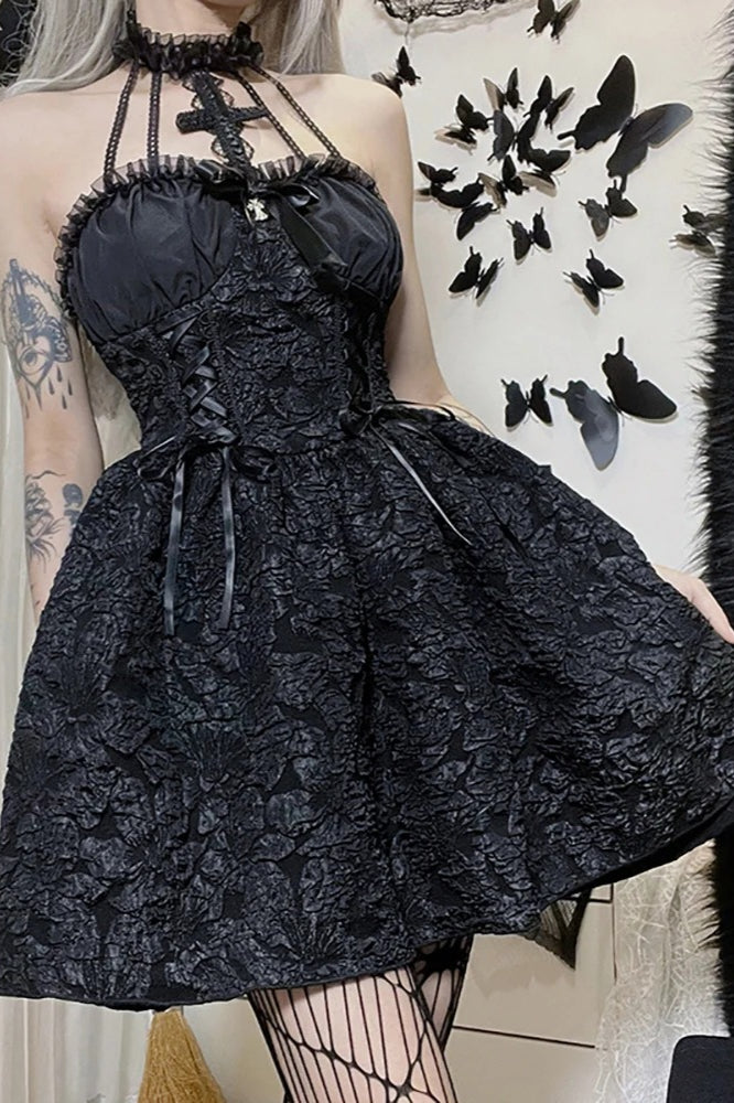 Black Gothic Jacquard Ruched Bandage A-line Mini Dress Main image