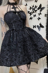 Black Gothic Jacquard Ruched Bandage A-line Mini Dress
