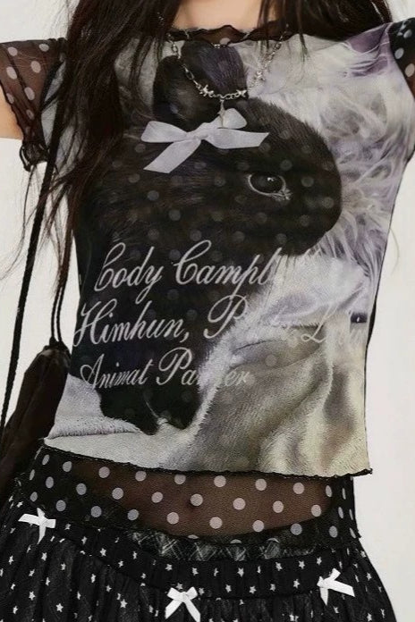 Rabbit Graphic Polka Dot Mesh T-Shirt