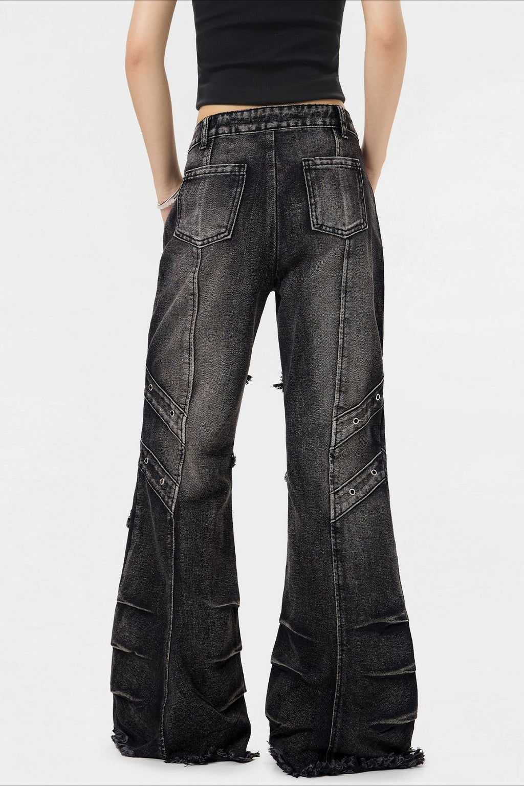Buckle Pocket Washed Wide Leg Jeans