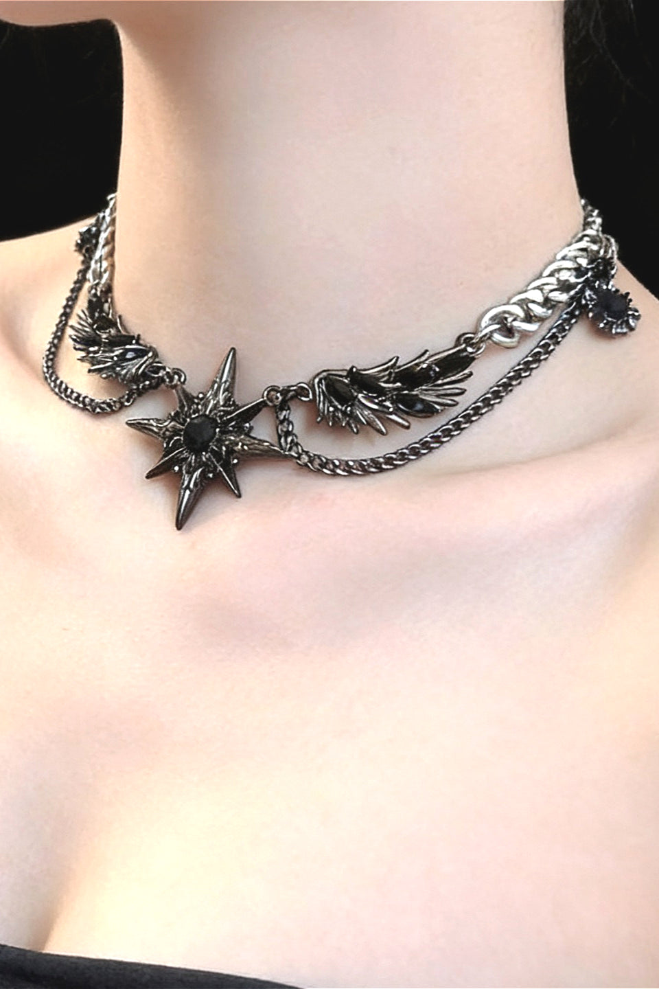 Punk Black Wing Starburst Necklace