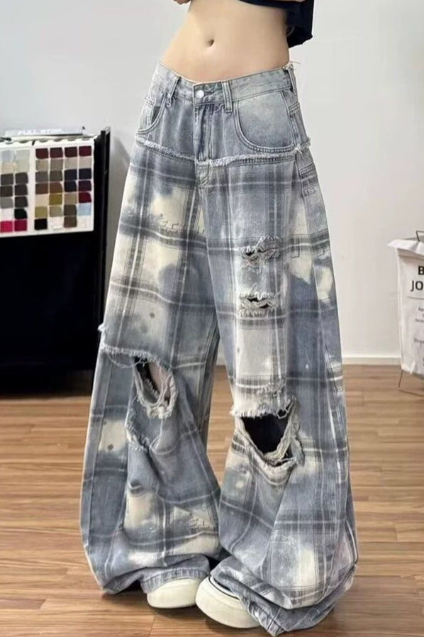 Ripped Plaid Wide Leg Denim Pants