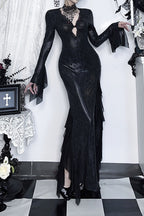Gothic Ruffle Slit Snakeskin Maxi Dress