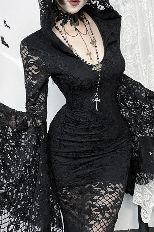 Dark Gothic Lace Flared-sleeve Hollow-out Hem Maxi Dress Secondary image