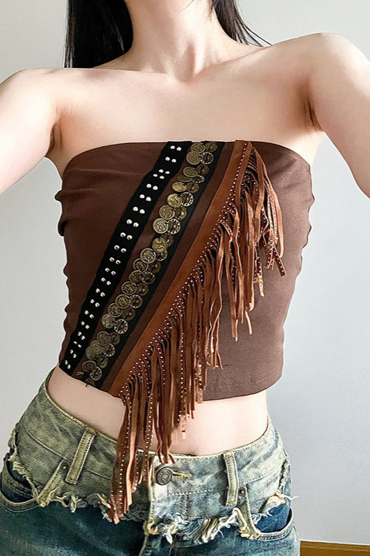 Boho Metal Trim Fringe Tube Top Main image
