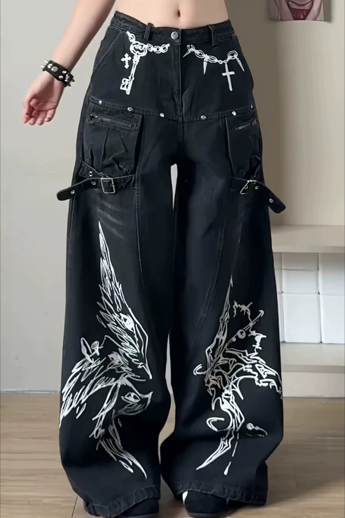 Chain Print Wide Leg Denim Pants Main image