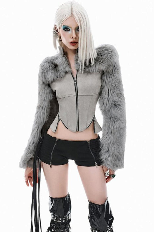Futuristic Long Sleeve Fur Patchwork Slim Coat Main image