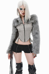 Futuristic Long Sleeve Fur Patchwork Slim Coat