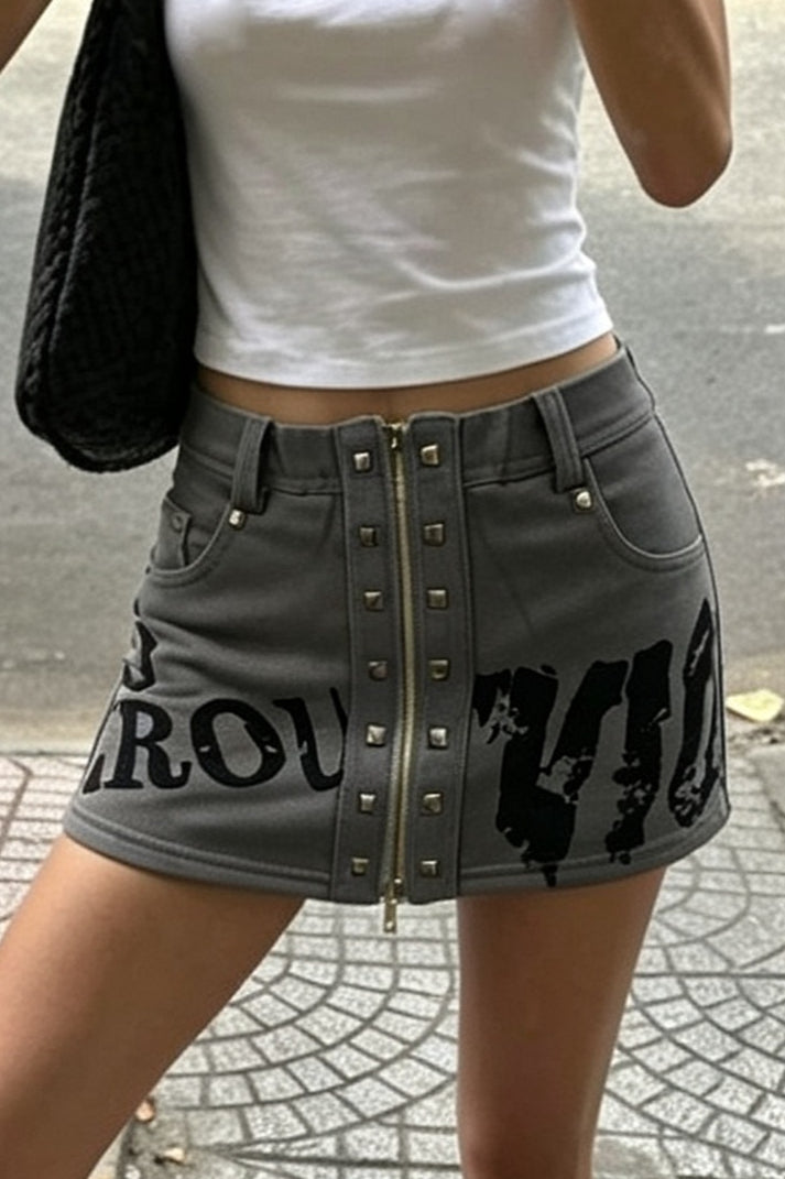 Gray Letter Print Studded Shorts