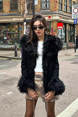Solid Spliced PU Leather Lapel Patchwork Fur Coat