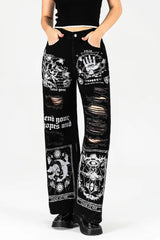 Black Distressed Graphic Straight-Leg Pants